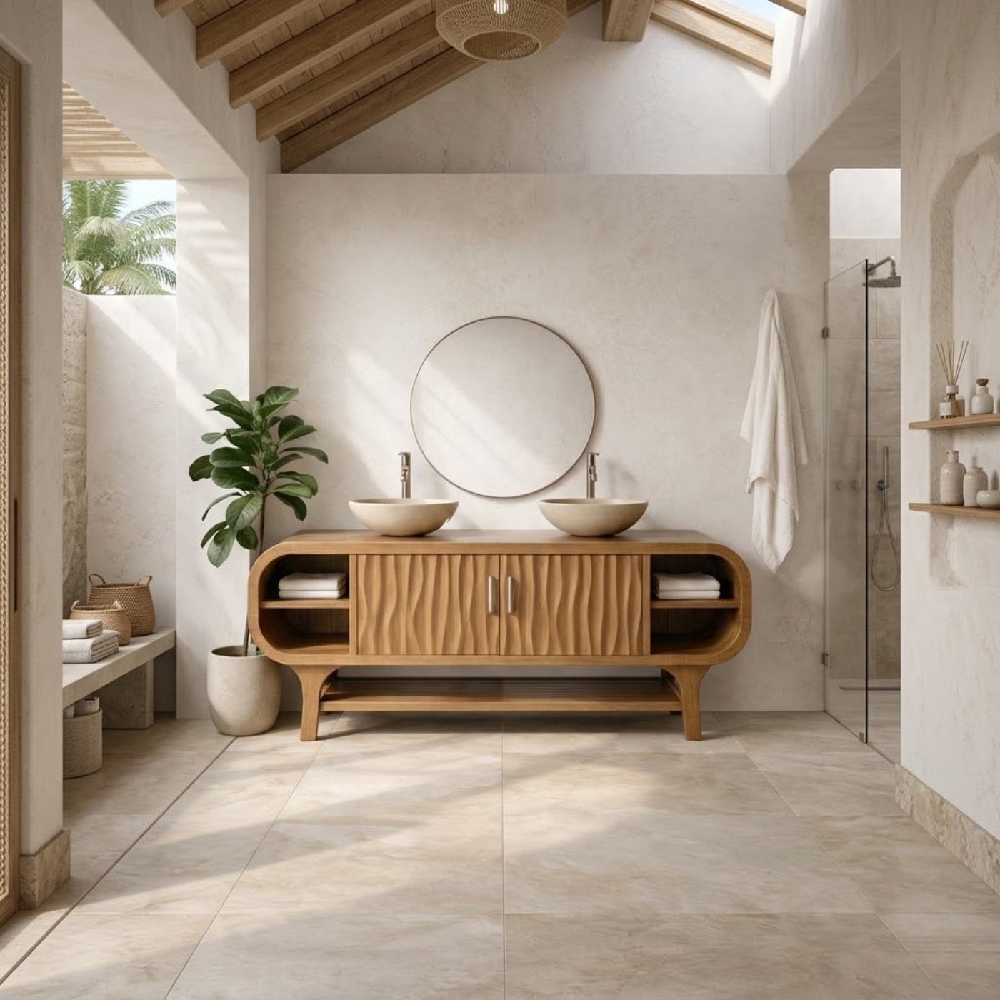 Solid Wood Bathroom Vanity Cabinet with Wave Texture Doors and Open Shelves