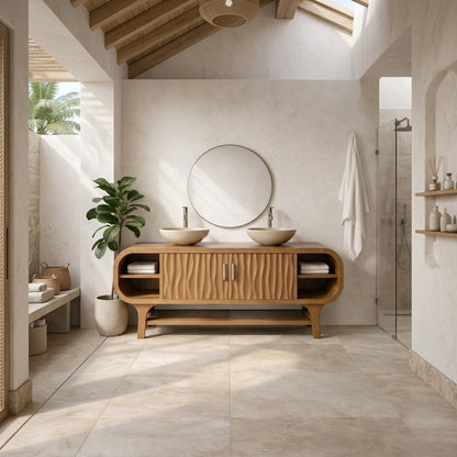 Solid Wood Bathroom Vanity Cabinet with Wave Texture Doors and Open Shelves