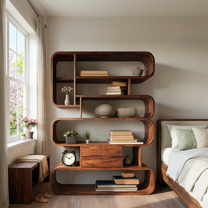 Statement Natural Wood Bookshelf With Rounded Form For Home Kitchnce