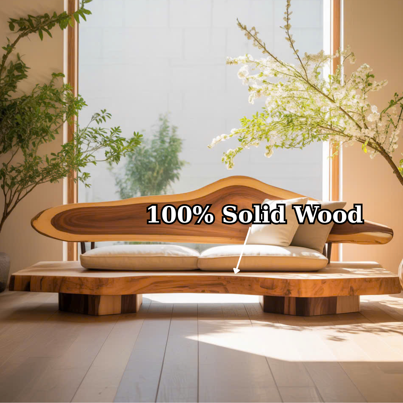 Handcrafted Solid Wood Sofa – Sculptural Live Edge Couch with Organic Form and Linen Cushions Kitchnce
