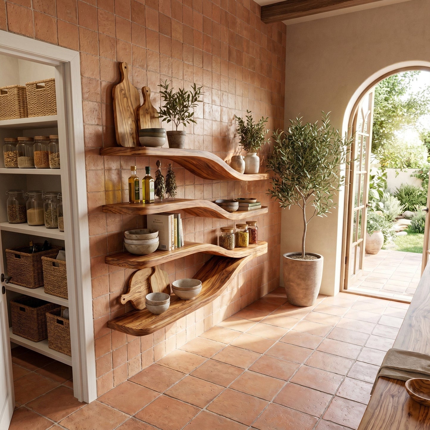 Flowing Wood Wall-Mounted Shelf With Layered Display