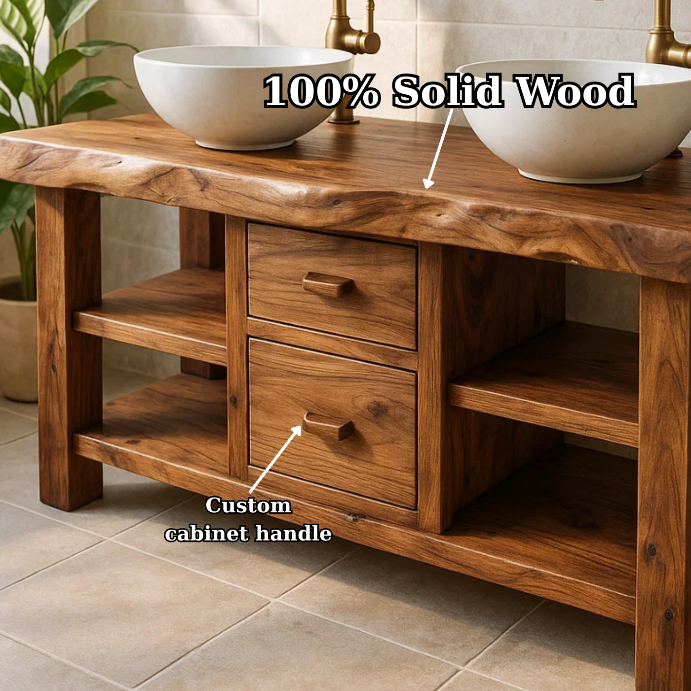 Handcrafted Solid Wood Floating Double Vanity - Live Edge Top, 2 Drawers & Open Shelves Kitchnce