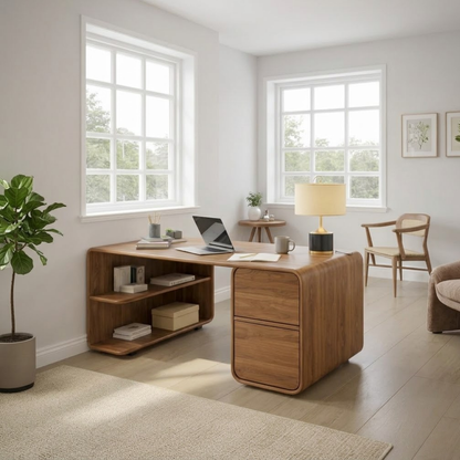 Modern L-Shaped Solid Wood Desk with Curved Silhouette and Integrated Storage