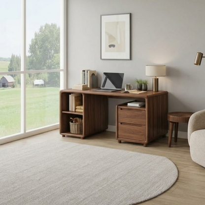 Modern Solid Wood Desk with Curved Edges and Integrated Storage Drawers