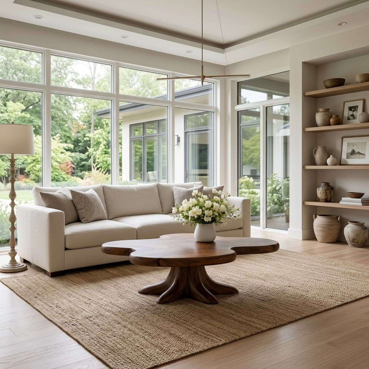 Solid Wood Coffee Table with Sculpted Flower Silhouette and Root Base