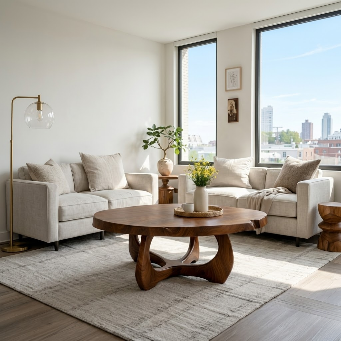 Modern Round Solid Wood Coffee Table with Sculptural Pedestal Base