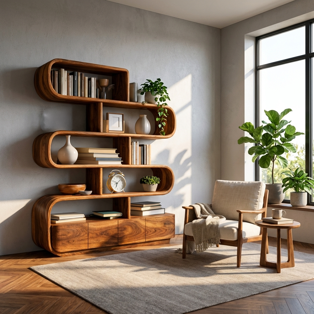 Organic Wooden Bookshelf With Flowing Form For Home Interior Kitchnce
