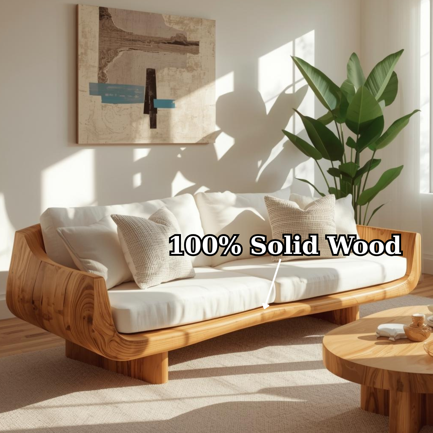 Handcrafted Solid Wood Sofa – Modern Curved Frame with Linen Cushions and Natural Finish Kitchnce