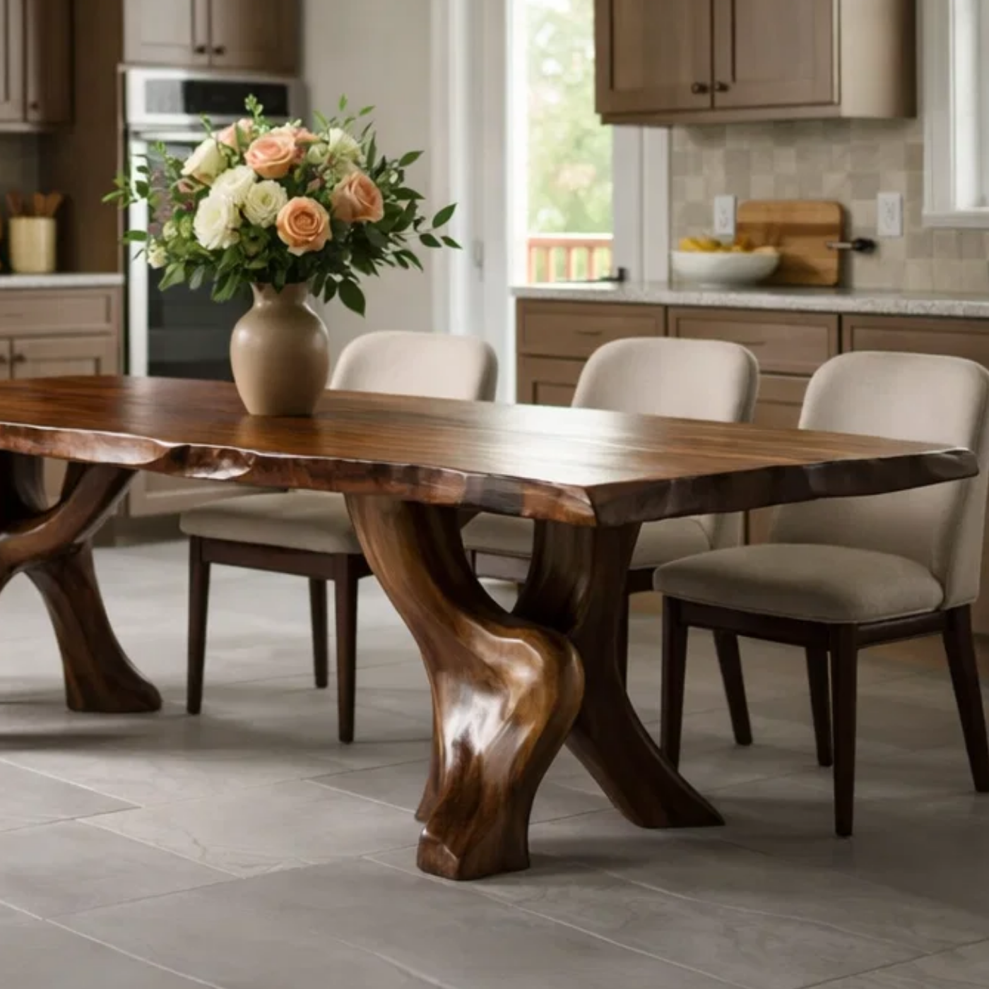 Solid Wood Live Edge Dining Table with Sculpted Organic Pedestal Legs