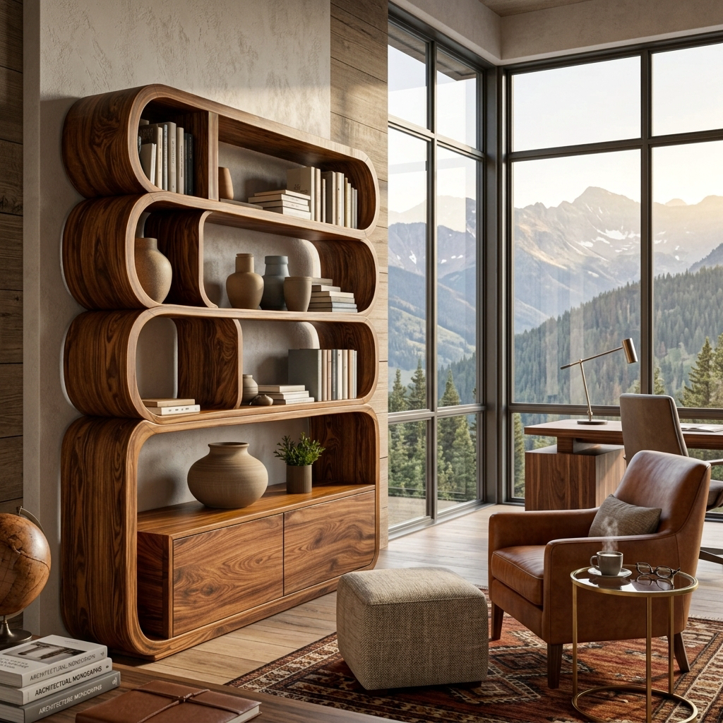 Modern Natural Wood Bookshelf With Curved Structure For Living Room Kitchnce
