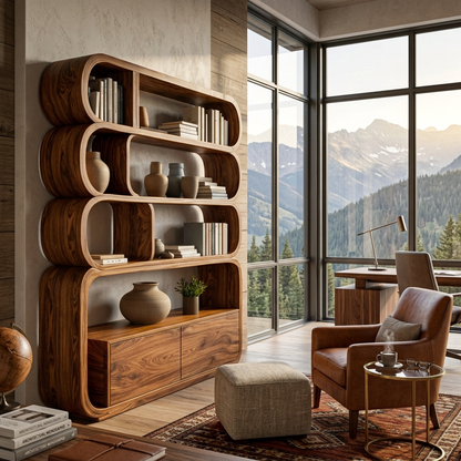 Modern Natural Wood Bookshelf With Curved Structure For Living Room Kitchnce