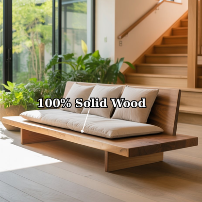 Handcrafted Solid Wood Sofa – Low Japanese Style Couch with Minimalist Design and Linen Cushions Kitchnce