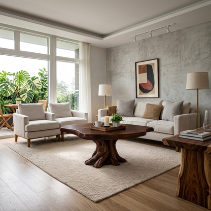 Solid Wood Round Coffee Table for Rustic Living Room with Tree Root Base