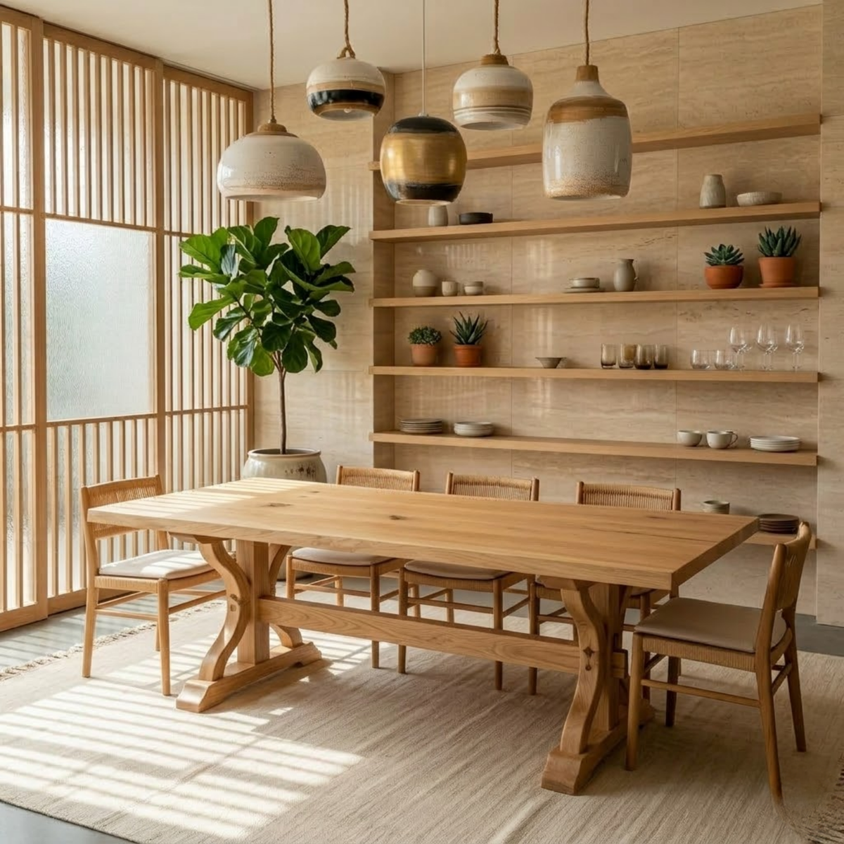 Solid Wood Dining Table for Dining Room with Sculpted Trestle Base