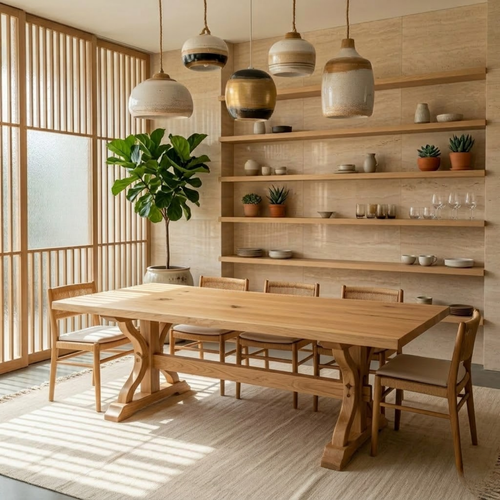 Solid Wood Dining Table for Dining Room with Sculpted Trestle Base