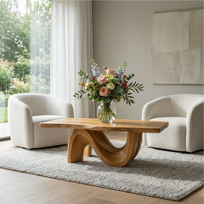 Solid Wood Coffee Table for Modern Living Room with Sculptural Curved Base