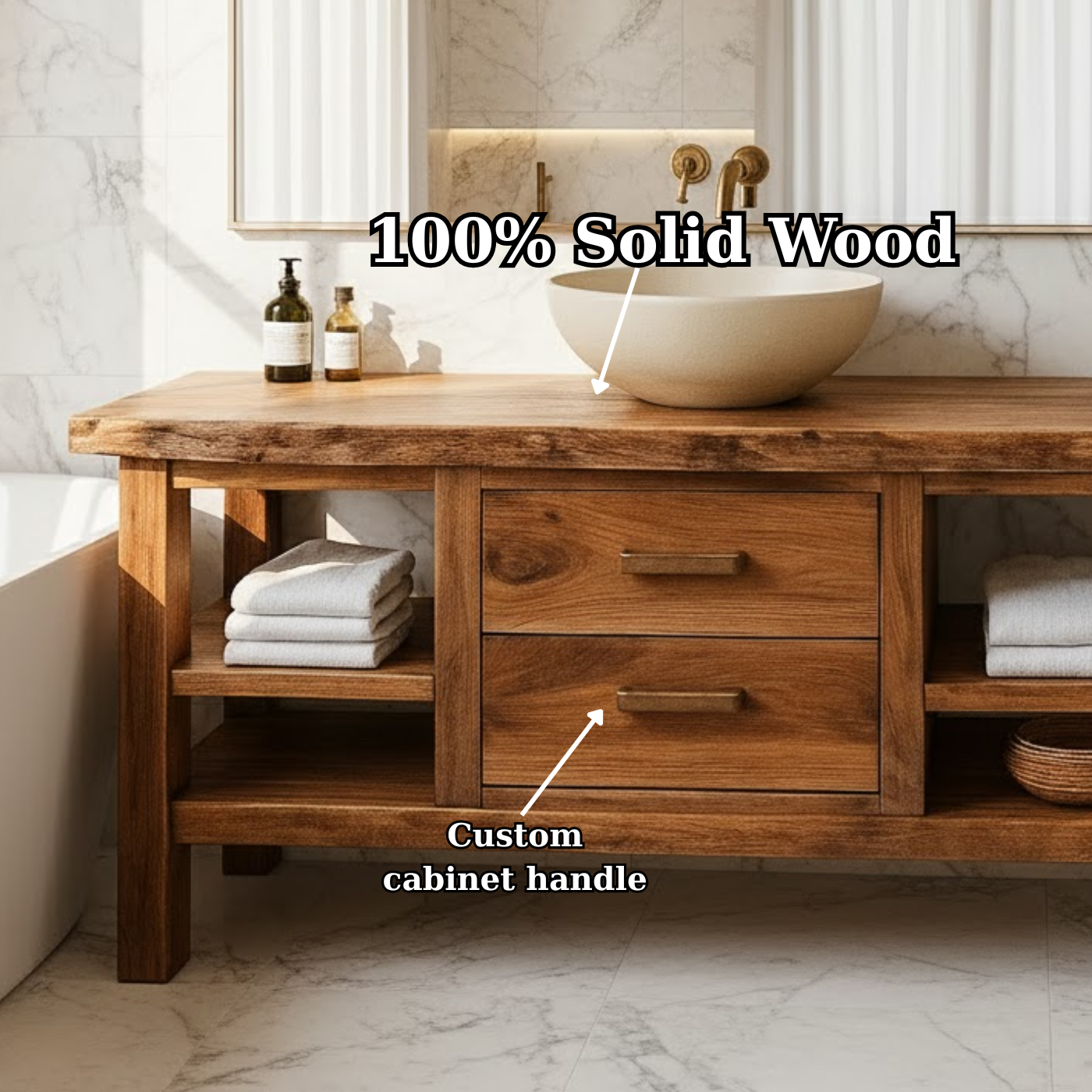 Handcrafted Solid Wood Bathroom Vanity - Live Edge Top, 2 Drawers & Open Frame Shelving Kitchnce