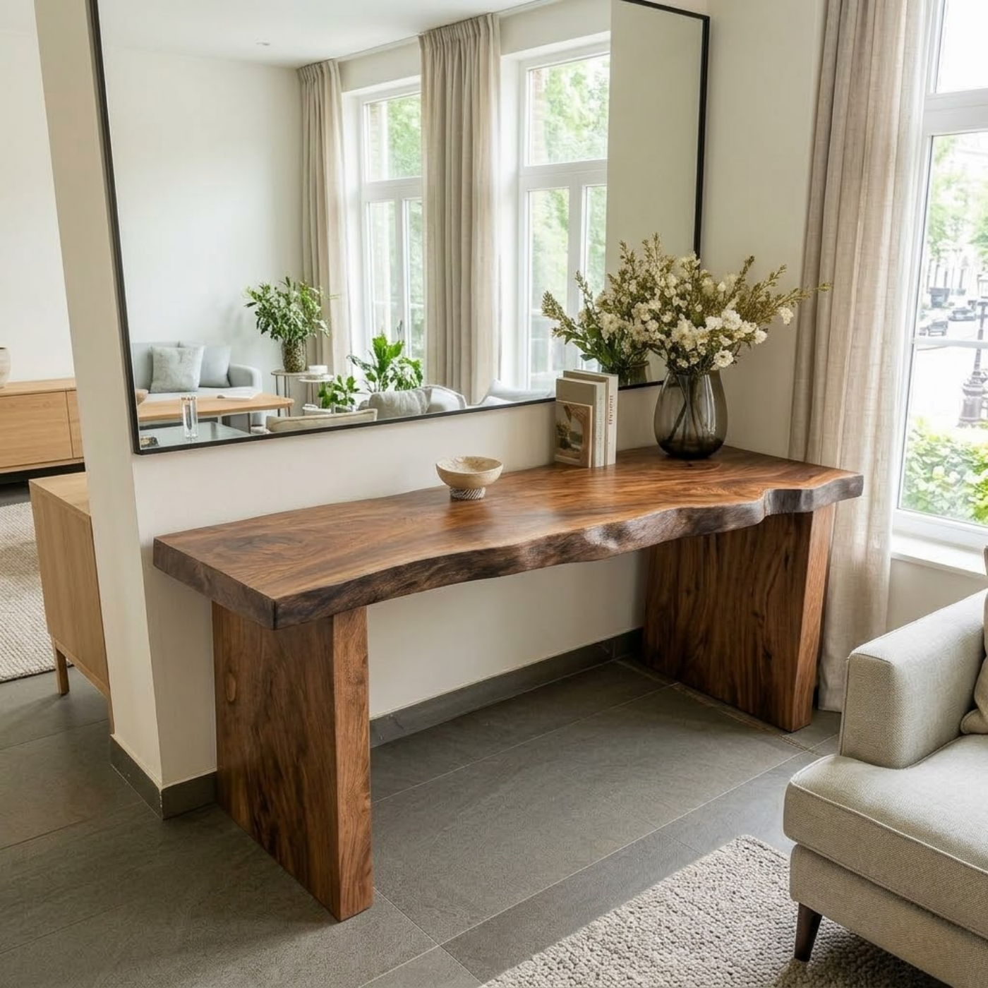 Solid Wood Console Table with Live Edge Top and Simple Block Base