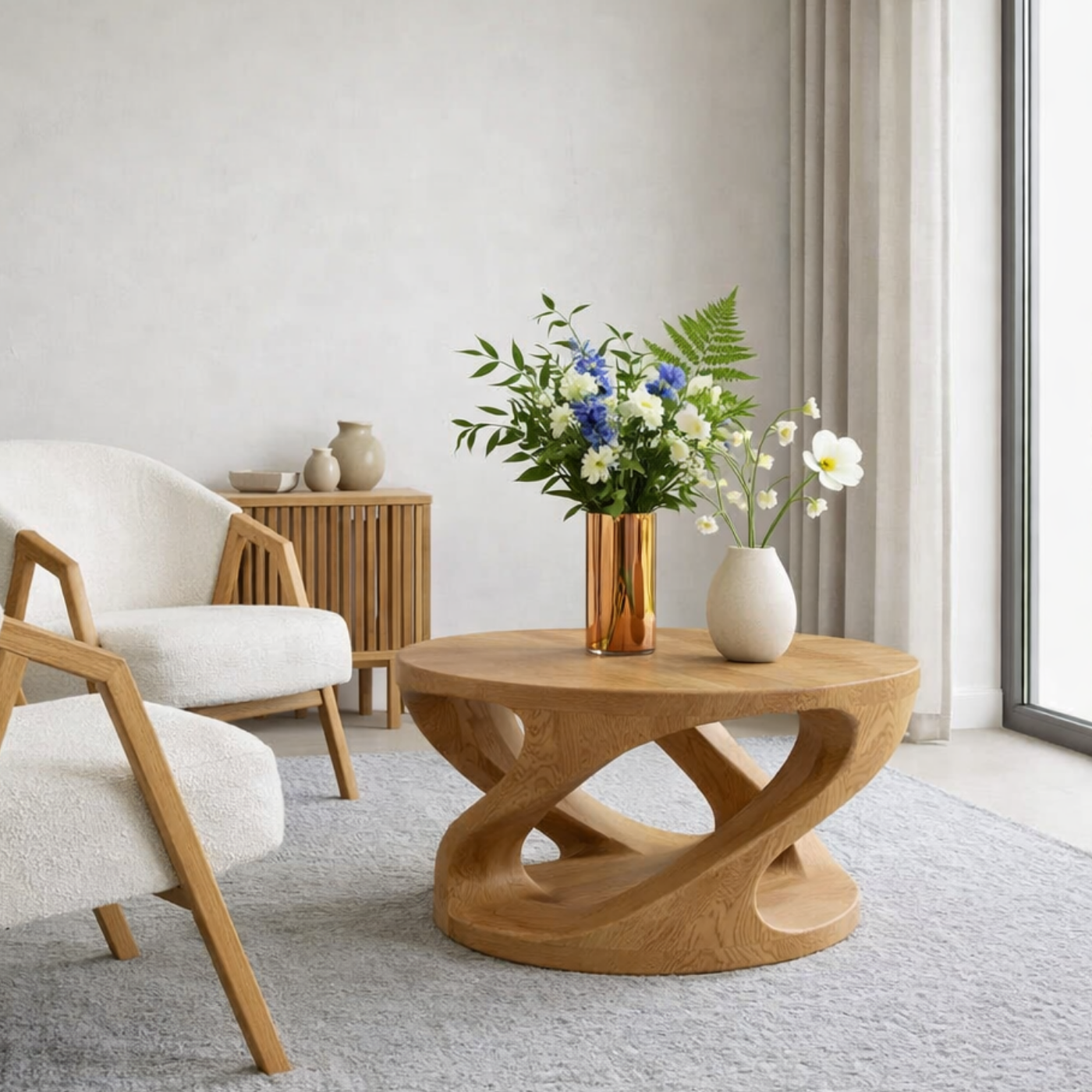 Solid Wood Coffee Table with Sculptural Curved Base