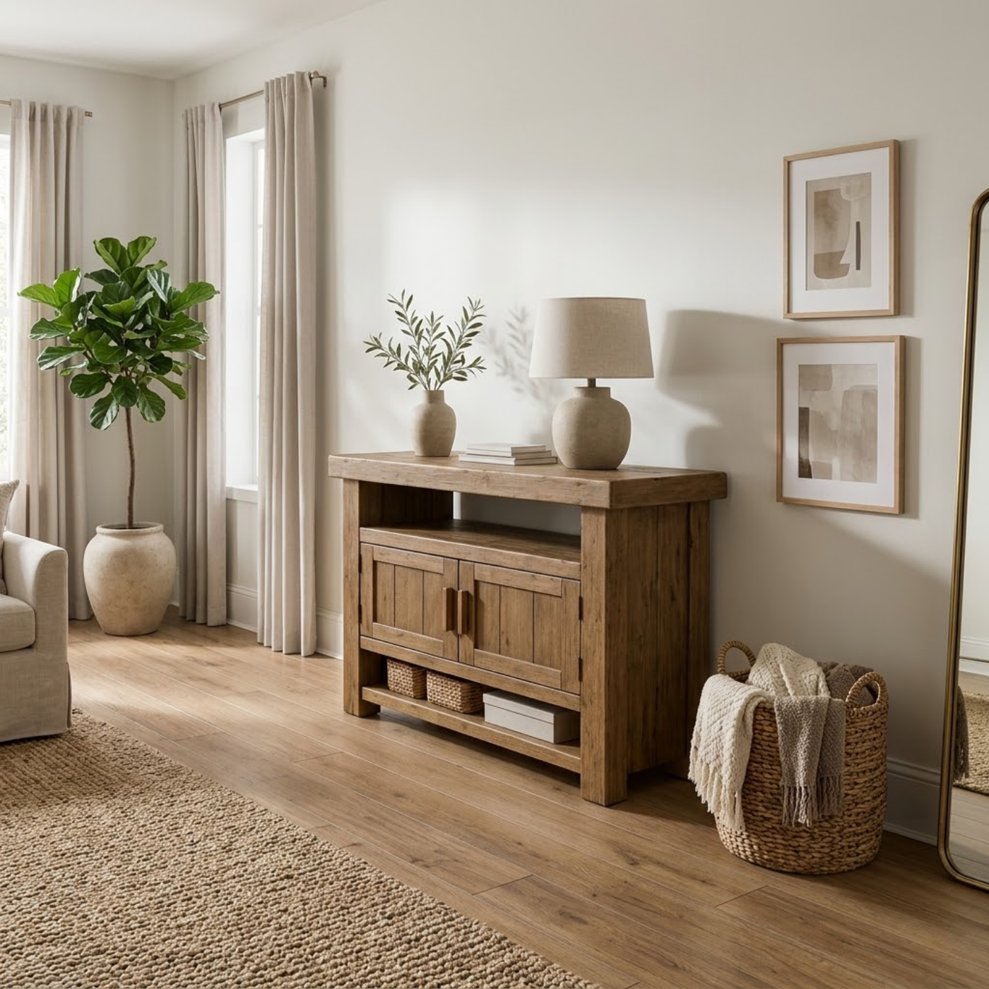 Solid Wood Console Table with Storage and Open Shelf