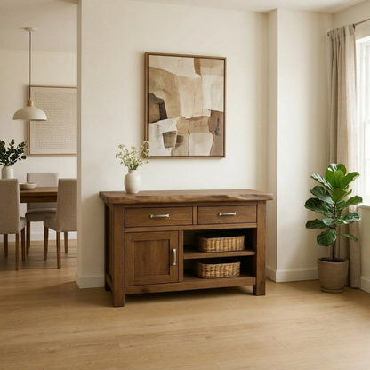 Solid Wood Console Table with 2 Drawers and Open Shelving for Storage