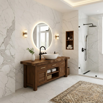 Solid Wood Bathroom Vanity for Modern Spaces with Louvered Doors and Open Shelf