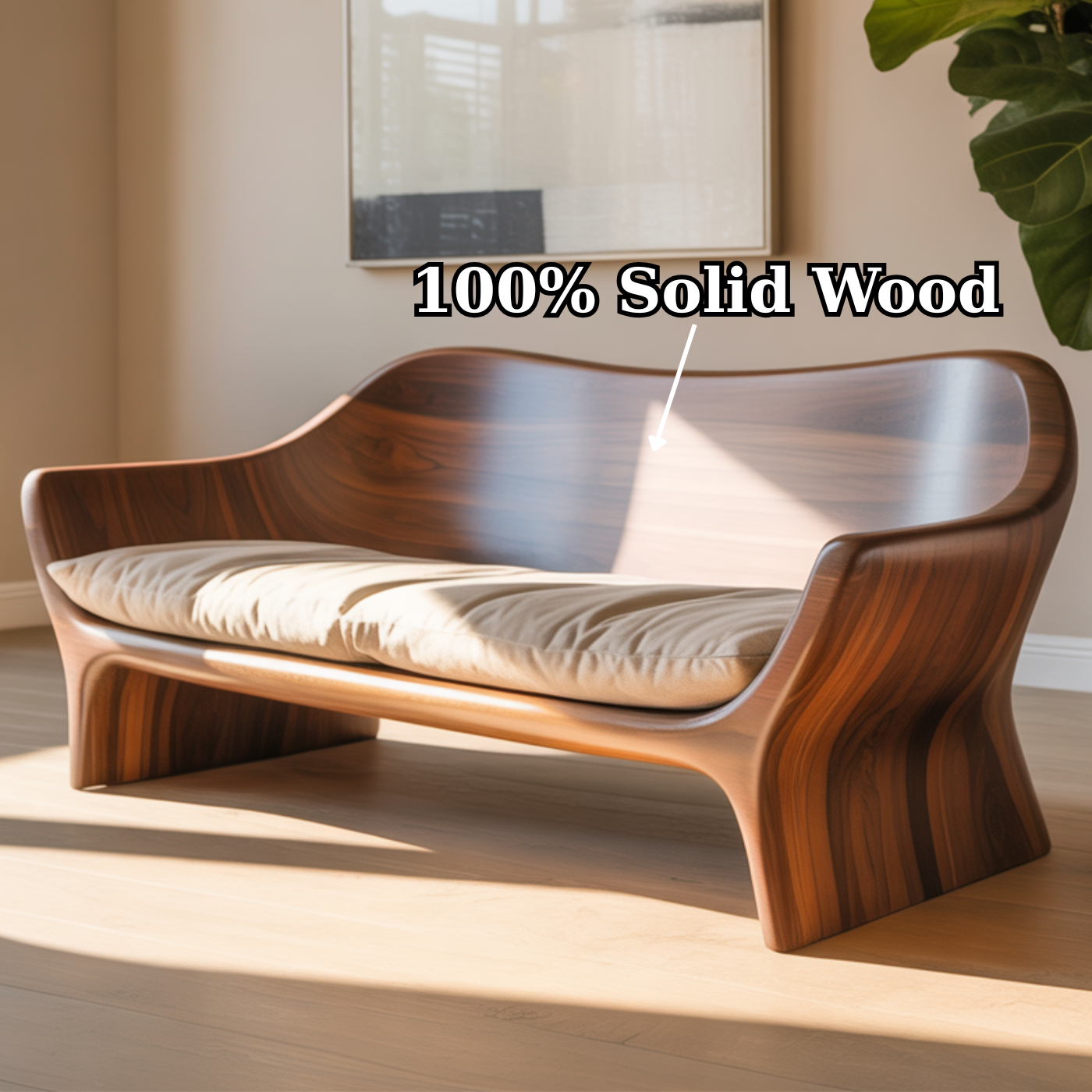 Handcrafted Solid Walnut Sofa – Sculptural Organic Wood Couch with Smooth Curves and Cushion Seat Kitchnce