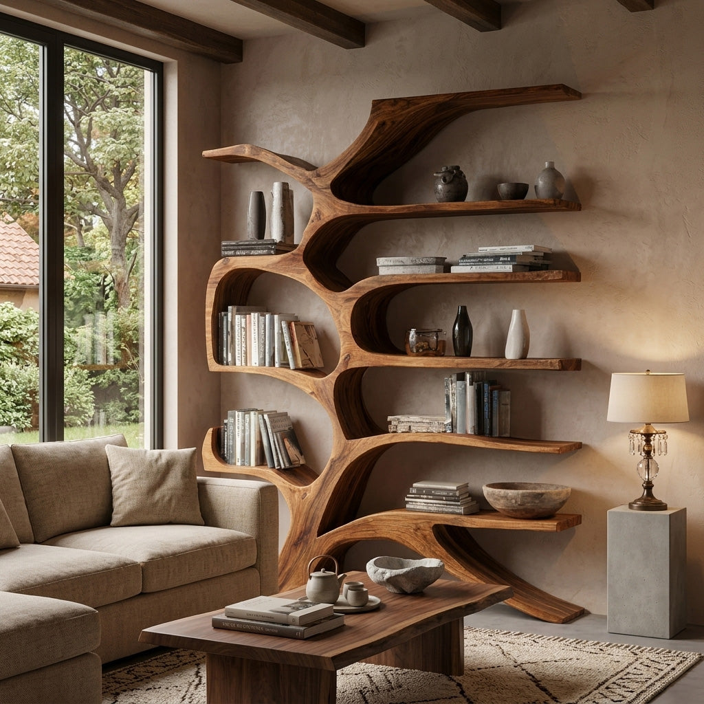 Contemporary Sculpted Wooden Bookshelf For Living Room Decor Kitchnce