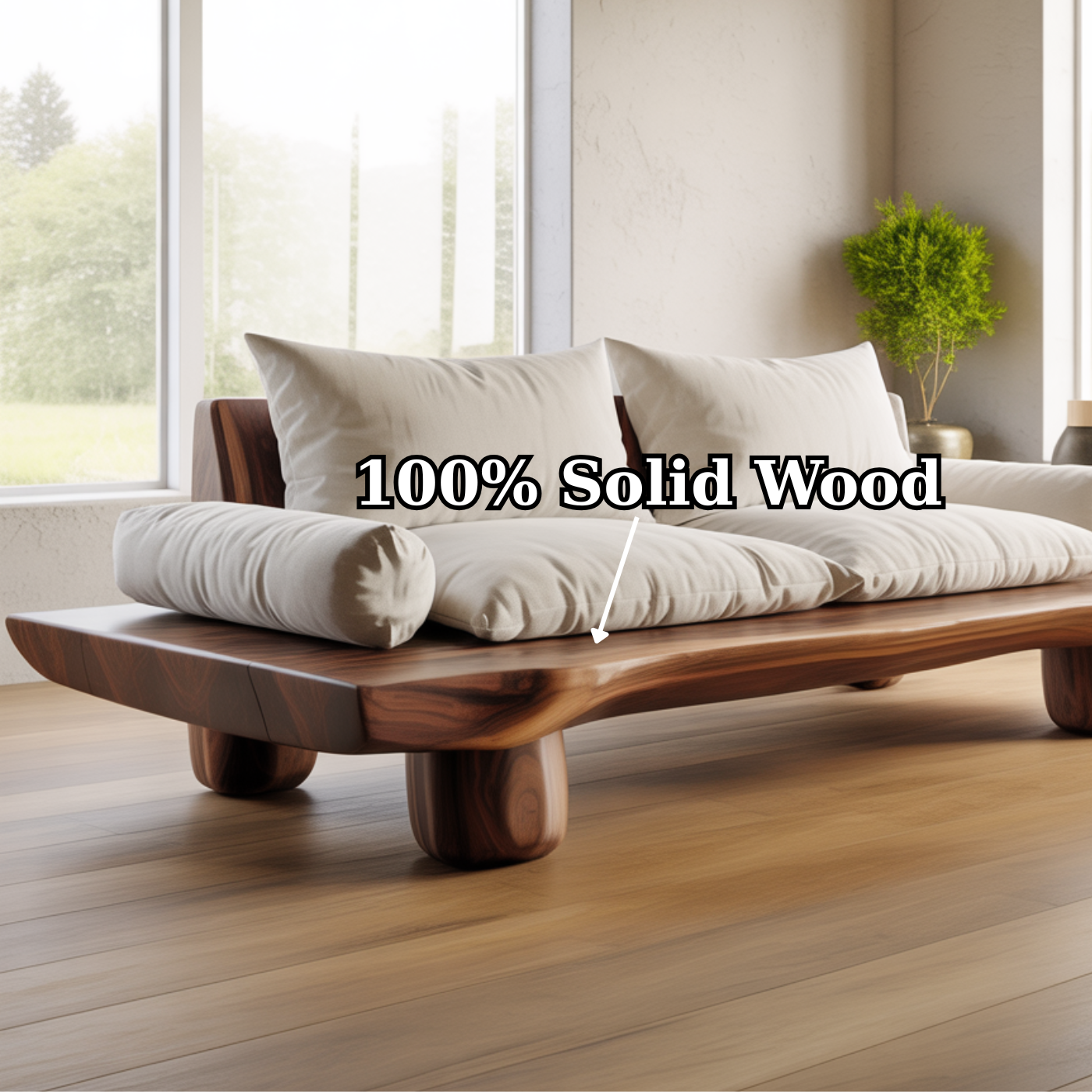 Handcrafted Solid Walnut Sofa – Low Organic Wood Couch with Linen Cushions and Rounded Legs Kitchnce