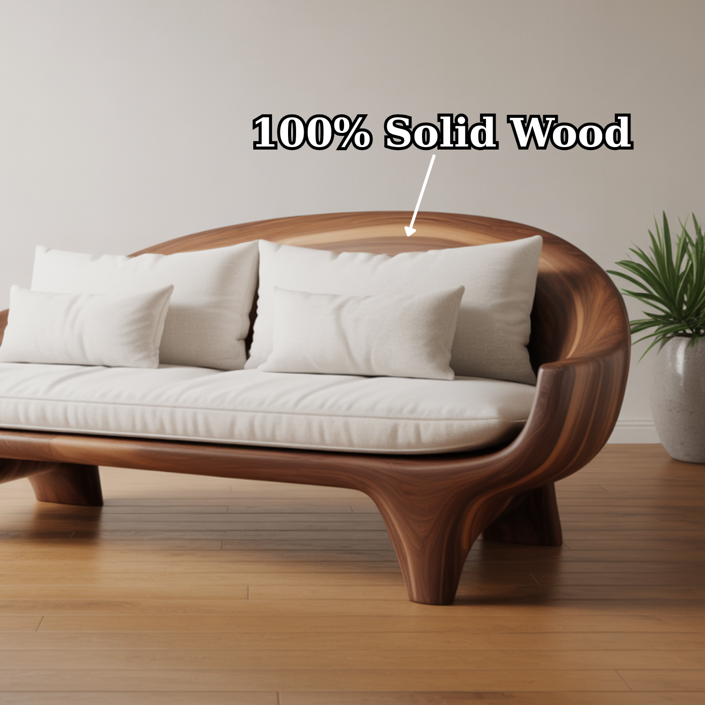 Handcrafted Solid Wood Sofa – Modern Organic Wood Couch with Smooth Curves and Linen Cushions Kitchnce