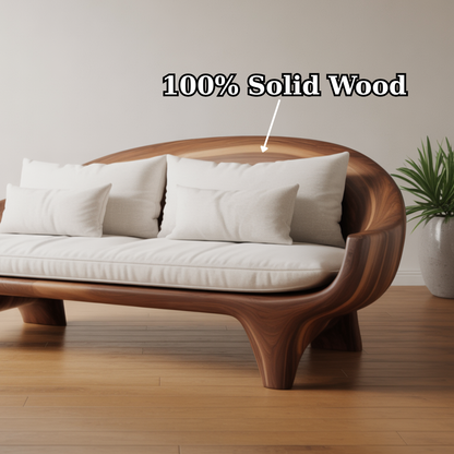 Handcrafted Solid Wood Sofa – Modern Organic Wood Couch with Smooth Curves and Linen Cushions Kitchnce