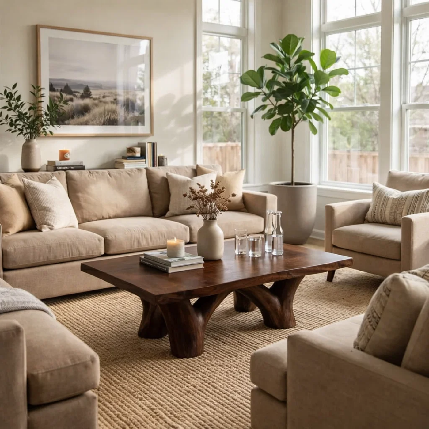 Solid Wood Rustic Coffee Table with Sculpted Base – Live Edge Living Room Coffee Table