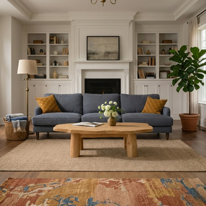 Solid Wood Round Coffee Table with Chunky Legs – Rustic Natural Wood Living Room Table