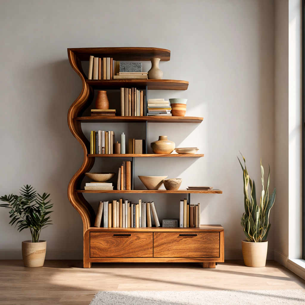 Contemporary Natural Wood Bookshelf For Interior Space Kitchnce