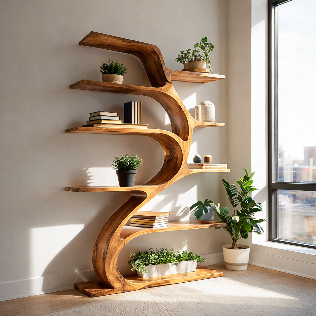 Minimal Natural Wood Bookshelf Branch Design For Interior Space Kitchnce