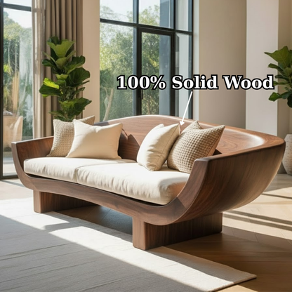 Handcrafted Solid Walnut Sofa – Modern Sculptural Wood Couch with Curved Organic Design Kitchnce