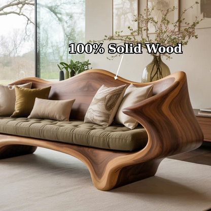 Handcrafted Solid Wood Sofa – Sculptural Organic Wood Couch with Artistic Curves and Cushion Seat Kitchnce