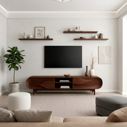 Solid Wood TV Stand with Sculpted Wave Front – Modern Walnut Media Console