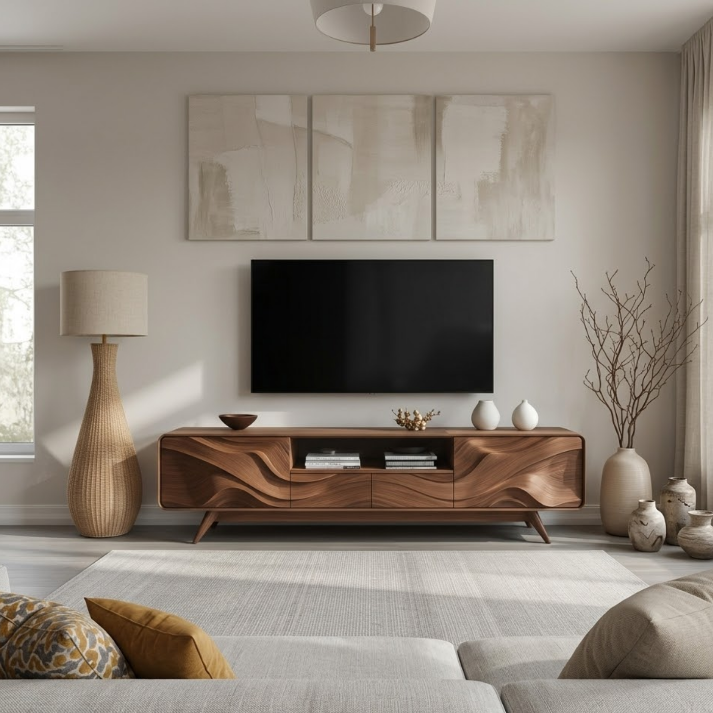 Solid Wood TV Stand with Sculpted Wave Front – Modern Rustic Media Console