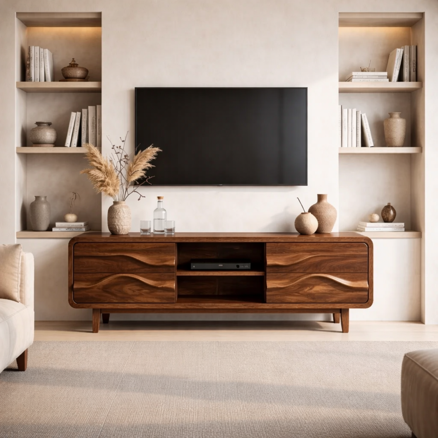 Solid Wood TV Stand with Carved Wave Front – Modern Rustic Media Console