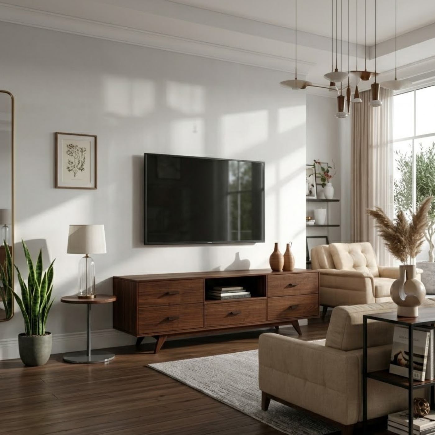 Mid-Century Solid Wood TV Stand with Drawers – Modern Walnut Media Console