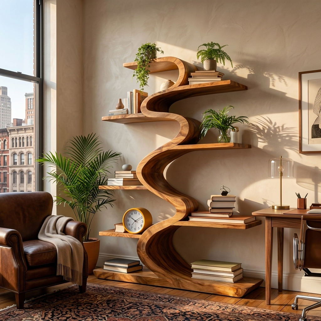 Modern Wooden Bookshelf Flowing Form For Living Room Kitchnce