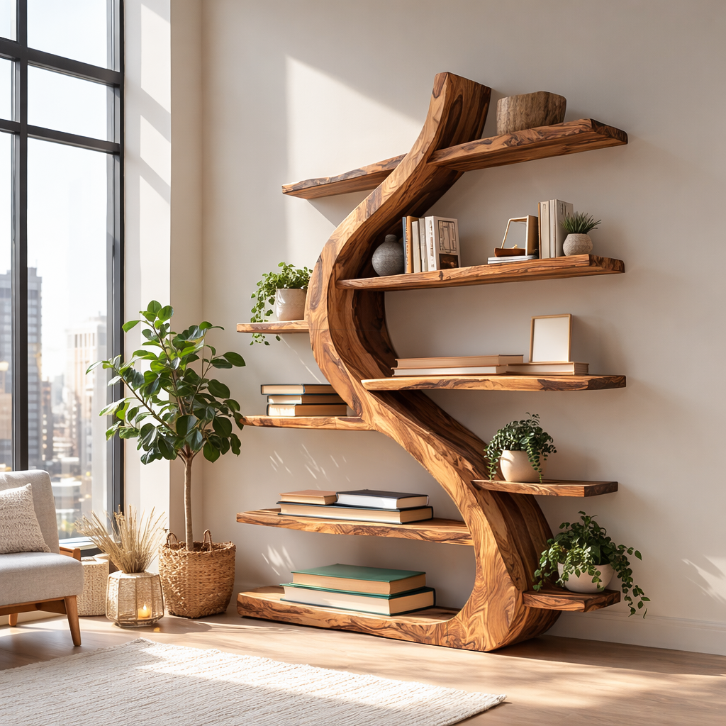 Organic Wooden Bookshelf Soft Curved Design For Home Decor Kitchnce