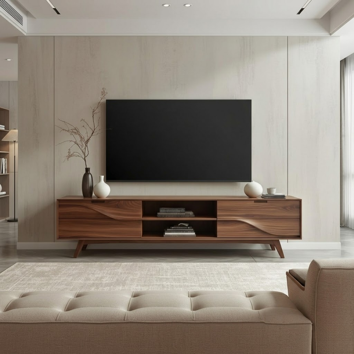 Solid Wood TV Stand with Wave Carved Drawers – Modern Mid-Century Media Console