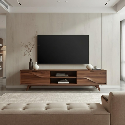 Solid Wood TV Stand with Wave Carved Drawers – Modern Mid-Century Media Console