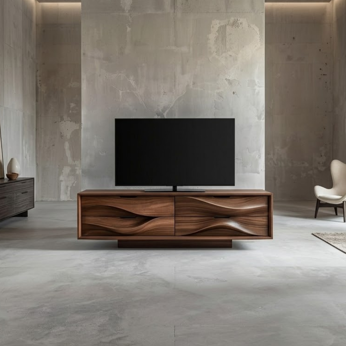 Solid Wood TV Stand with Sculpted Wave Doors – Modern Minimalist Media Console
