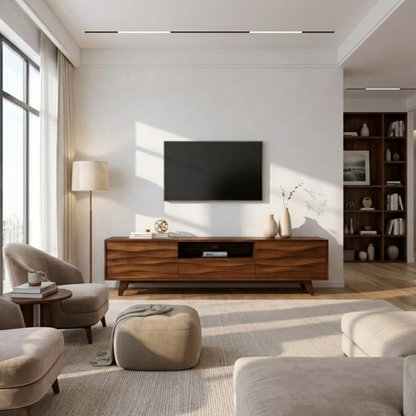Solid Wood TV Stand with Wave Pattern Doors – Modern Rustic Media Console