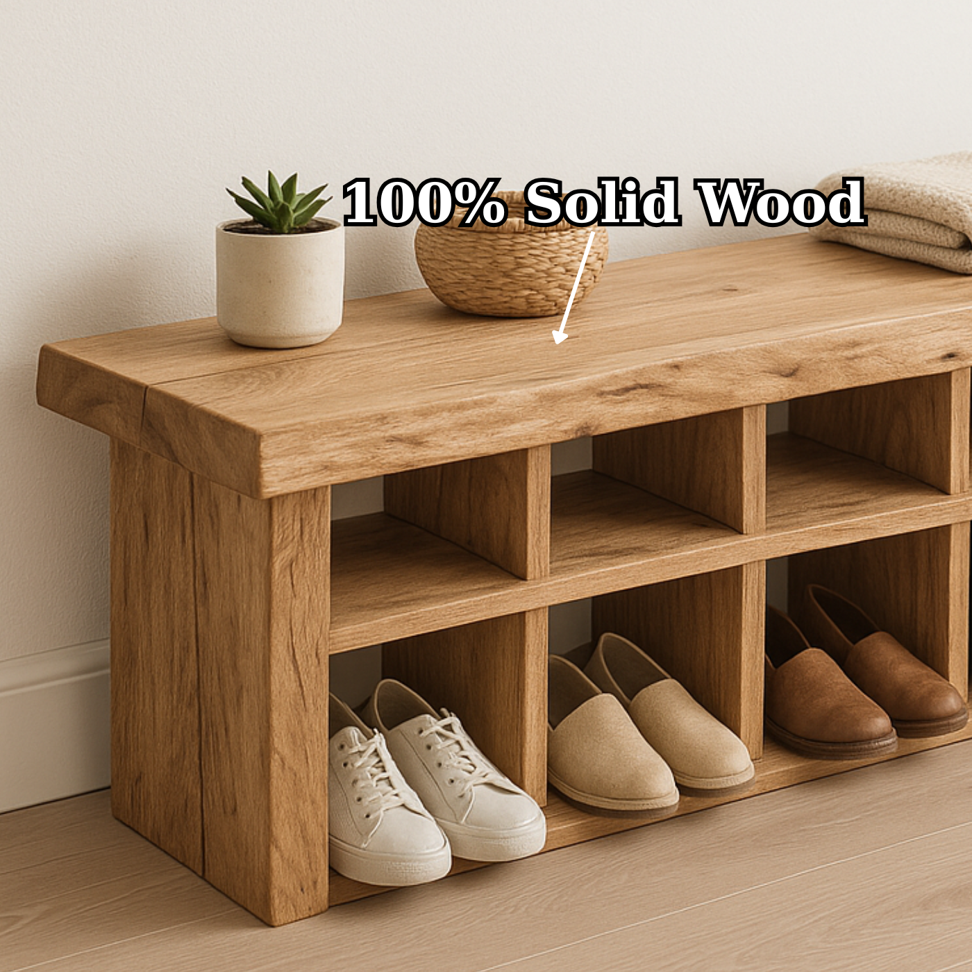 Handcrafted Solid Wood Bench with Shoe Compartments – Modern Rustic Hallway Storage Kitchnce