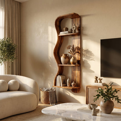 Vertical Wood Wall Shelf With Sculptural Open Display