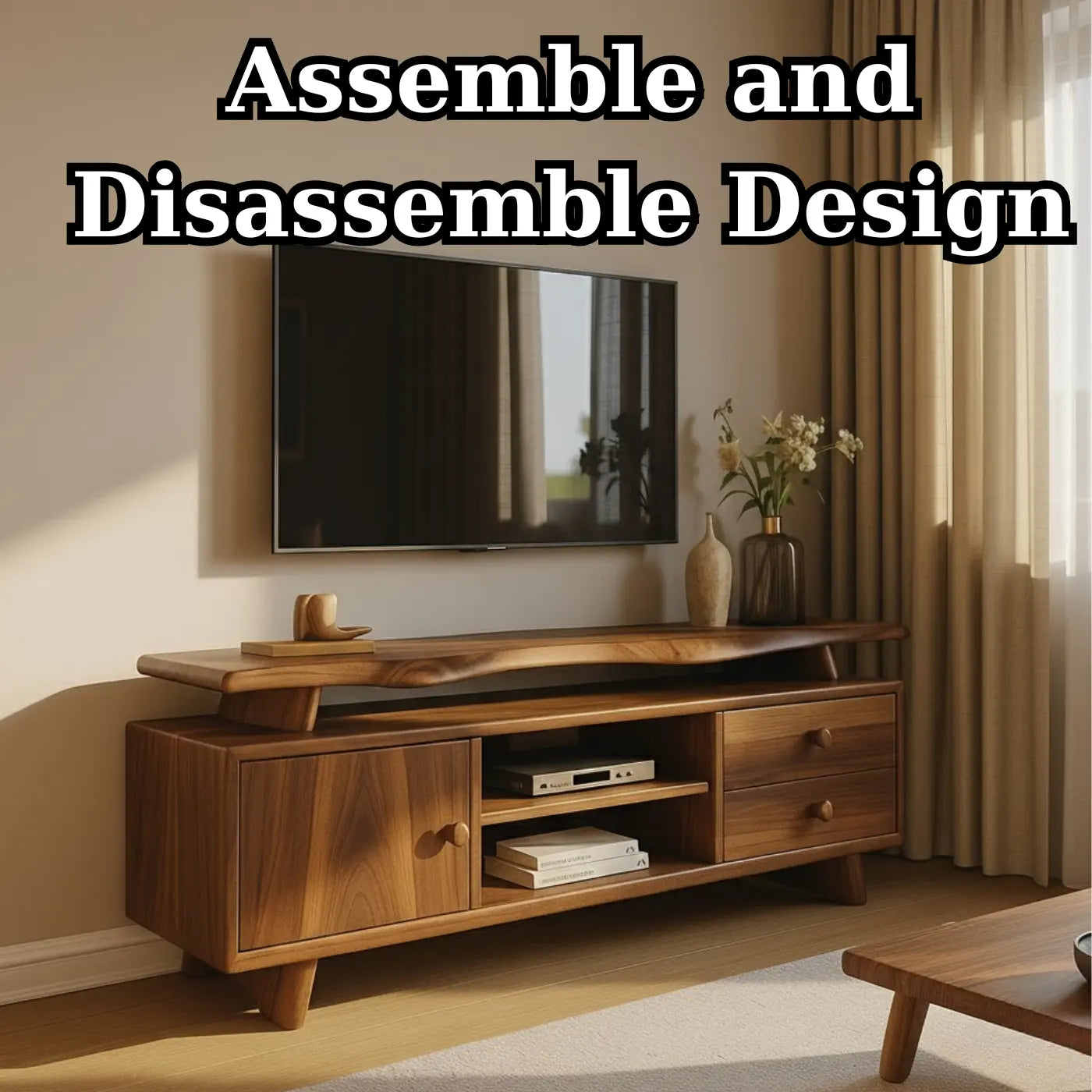 Handcrafted Solid Wood TV Stand - Sculptural Mid-Century Console with Curved Top Kitchnce